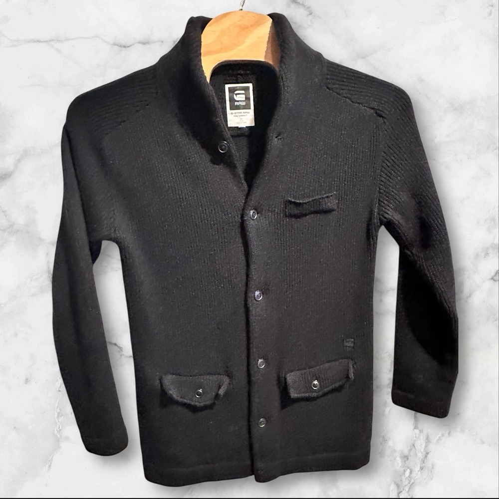 G Star Raw Sweater Mens XL Cardigan Lambswool Blend Graw Black‎